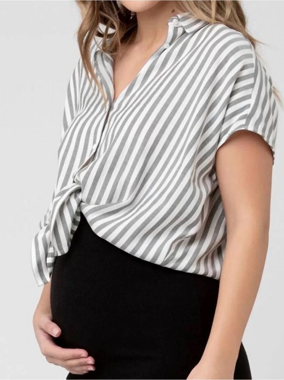 Ripe Maternity Ada Stripe Button Front Tie Shirt Gray White Size M - Picture 3 of 7